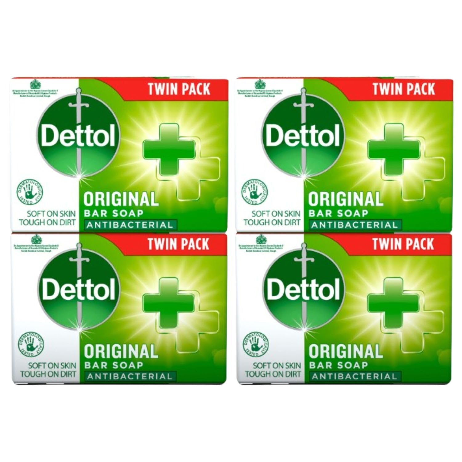 71SULYtb5uL Dettol Soap Original Antibacterial Bar - 2 Twin Pack, 4 x 100g Antibacterial Hand & Body Soap Bar – Disinfects and Kills 99.99% of Germs, Ideal for Handwashing and Cleansing - Image 1